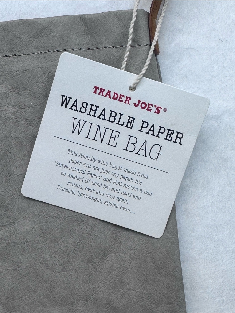 Trader Joe’s Washable Paper Wine Bag Reusable Grey Bottle Tote NWT - Picture 4 of 7